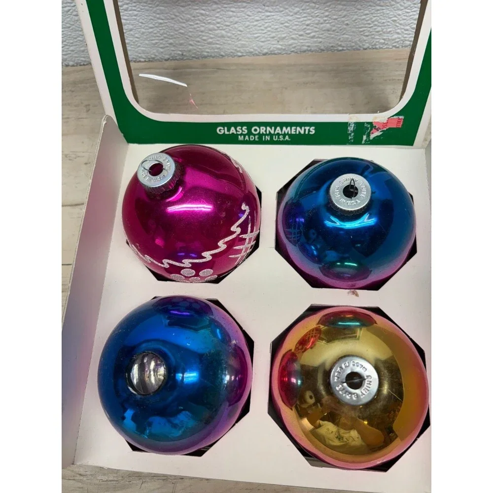 Vtg 1950-60 Set Of 4 Shiny Brite Hand Blown Glass Ball Christmas Tree Ornaments